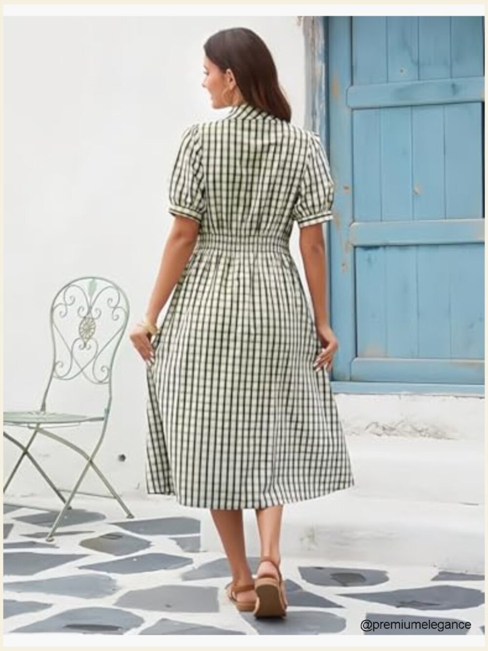 Gingham Midi Dress with Puff Sleeves and Pockets - Picture 5 of 6